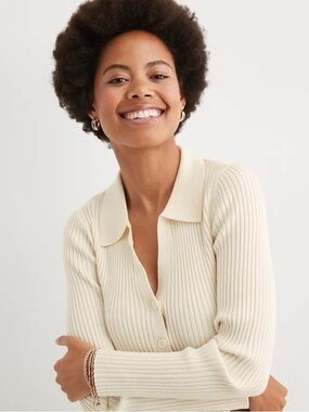Aerie Gotta Jet Polo Sweater Ribbed Collared Button-Front Sweater Medium